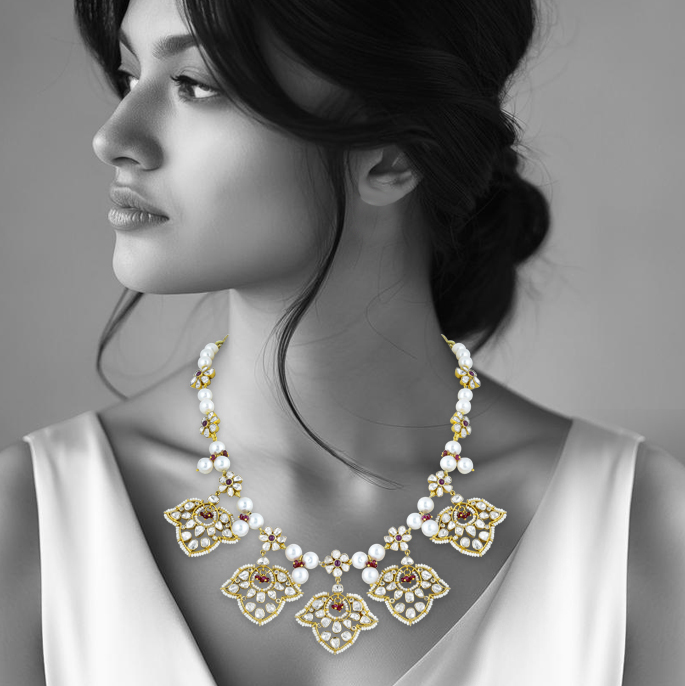 Polki Necklace with Red Floral Motifs & Pearls